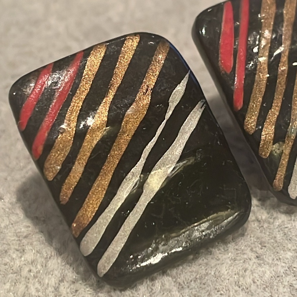 Vintage 80’s Stripe Lightweight Earrings Black Bronze Red & Silver - Picture 5 of 8